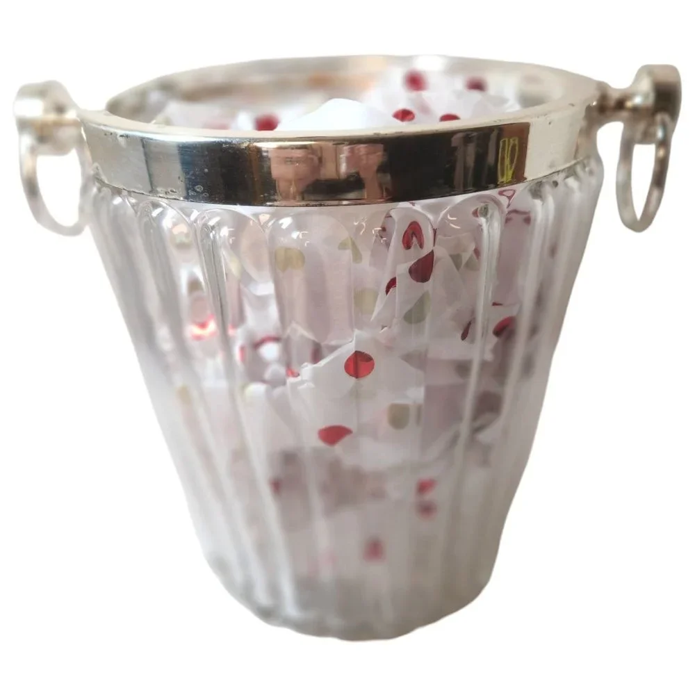 MCM Crystal Ice Bucket Ribbed Glass Silverplate Rim Ring Handles Champagne
